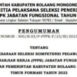 Hal ini berdasarkan surat pengumuman Nomor : 800/B.03/P-PPPK-F/23/III/2023, yang ditandatangani oleh Sekretaris panitia seleksi (Pansel) Penerimaan PPPK Boltim, Rezha Mamonto, tertanggal 8 Maret 2023.